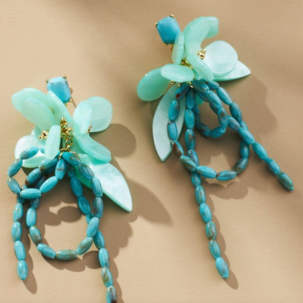 Beaded Flower Bouquet Drop Earrings in Turquoise